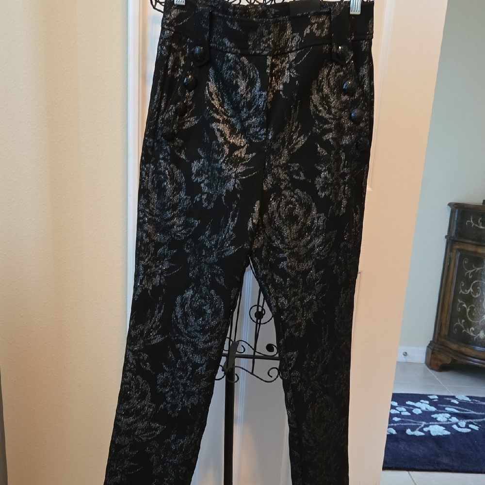 NWT Dressy Woman's White House Black Market SZ6 Jolie Black Patterned Pants
